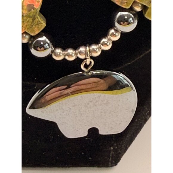 VTG Boho Unakite Stone Bear Pendant Necklace 24" Hematite Beads Southwestern Nat - Picture 9 of 10